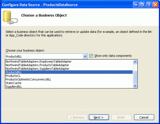 Konfigurace objektu ObjectDataSource pro použití třídy ProductsBLL