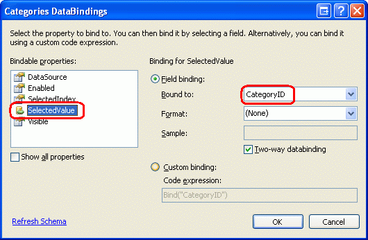 Vytvoření vazby hodnoty CategoryID produktu na vlastnost DropDownList s SelectedValue