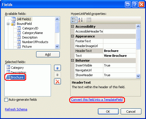 Převod HyperLinkFieldu na TemplateField