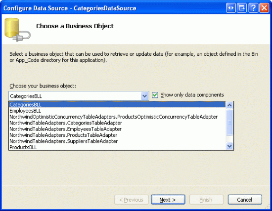 Konfigurace ObjectDataSource pro použití kategorieBLL třídy