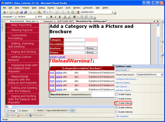 Konfigurace objektu GridView pro podporu úprav