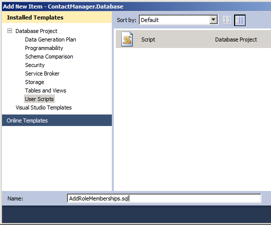 V dialogovém okně Přidat novou položku dejte svému skriptu smysluplný název (například AddRoleMemberships.sql) a potom klikněte na Přidat.