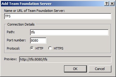 V dialogovém okně Přidat Team Foundation Server zadejte podrobnosti o instanci TFS a klikněte na OK.