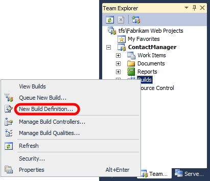 V sadě Visual Studio 2010 rozbalte v okně Team Explorer uzel týmového projektu, klikněte pravým tlačítkem na Builds (Sestavení) a pak klikněte na New Build Definition (Nová definice sestavení).