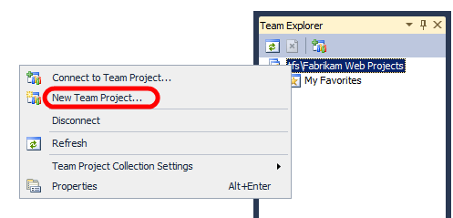 V okně Team Explorer klikněte pravým tlačítkem na kolekci týmových projektů a potom klikněte na Nový týmový projekt.