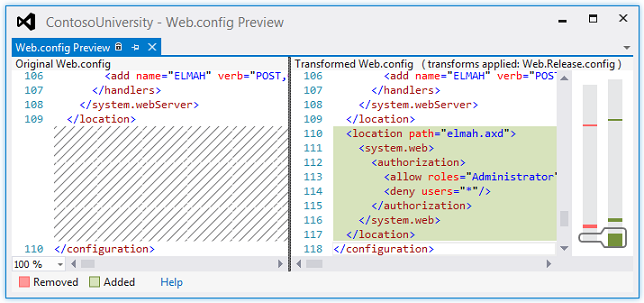 Snímek obrazovky zobrazující verzi Web.config Preview s vývojovým souborem na levé straně a to, jak bude nasazený soubor vypadat vpravo se zvýrazněnými změnami