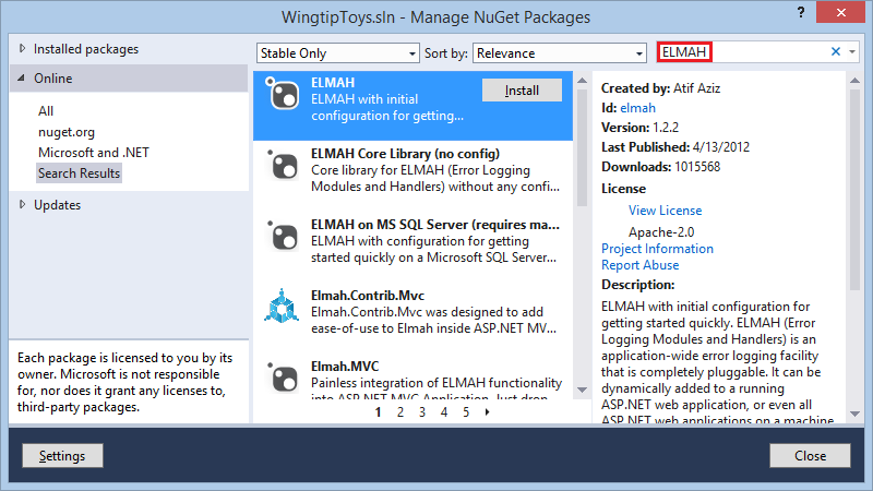 ASP.NET zpracování chyb – balíček NuGet ELMA