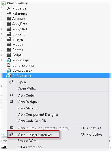 Otevření Default.aspx pomocí nástroje Page Inspector