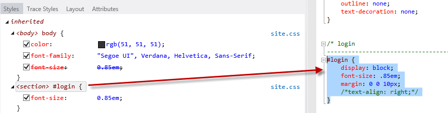 Snímek obrazovky znázorňující kartu Styly na navigačním panelu jsou vybrané styly CSS pro přihlášení se zvýrazněným odpovídajícím kódem.