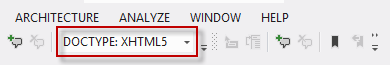 Snímek obrazovky znázorňující panel nástrojů Target Schema for Validation toolbar with DOCTYPE: XHTML5 selected from the dropdown list