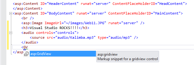 Vložení objektu GridView se seznamy IntelliSense