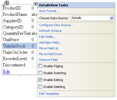 Snímek obrazovky s nabídkou DetailsView Tasks