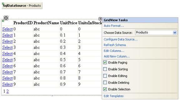 Snímek obrazovky s nabídkou GridView Tasks