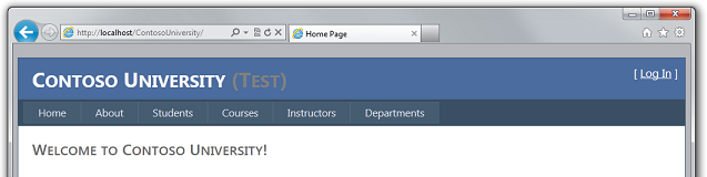 Snímek obrazovky s oknem Internet Exploreru, ve kterém je indikátor prostředí Contoso University Test místo Dev