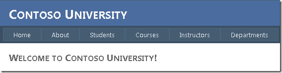 Snímek obrazovky s domovskou stránkou Contoso University, která zobrazuje odkazy na stránky Domů, Informace, Studenti, Kurzy, Instruktoři a Oddělení