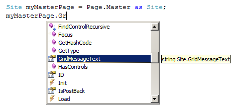 IntelliSense zobrazuje veřejné vlastnosti a metody stránky předlohy.