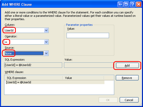 Přidání parametru filtru do sloupce UserId