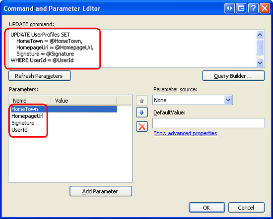 Zadejte příkazy UpdateCommand a UpdateParameters zdroje SqlDataSource.