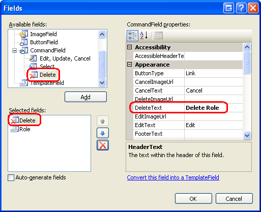 Přidání tlačítka Odstranit do prvku RoleList GridView