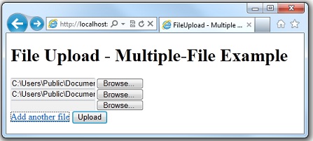 Snímek obrazovky se stránkou webového prohlížeče File Upload Multiple File Example (Příklad souboru) zobrazující dva nástroje pro výběr souborů s vybranými soubory a tlačítkem Nahrát