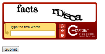 Snímek obrazovky se stránkou prohlížeče Recaptcha dot c s h t m l s vytvořenými tlačítky captcha a Submit