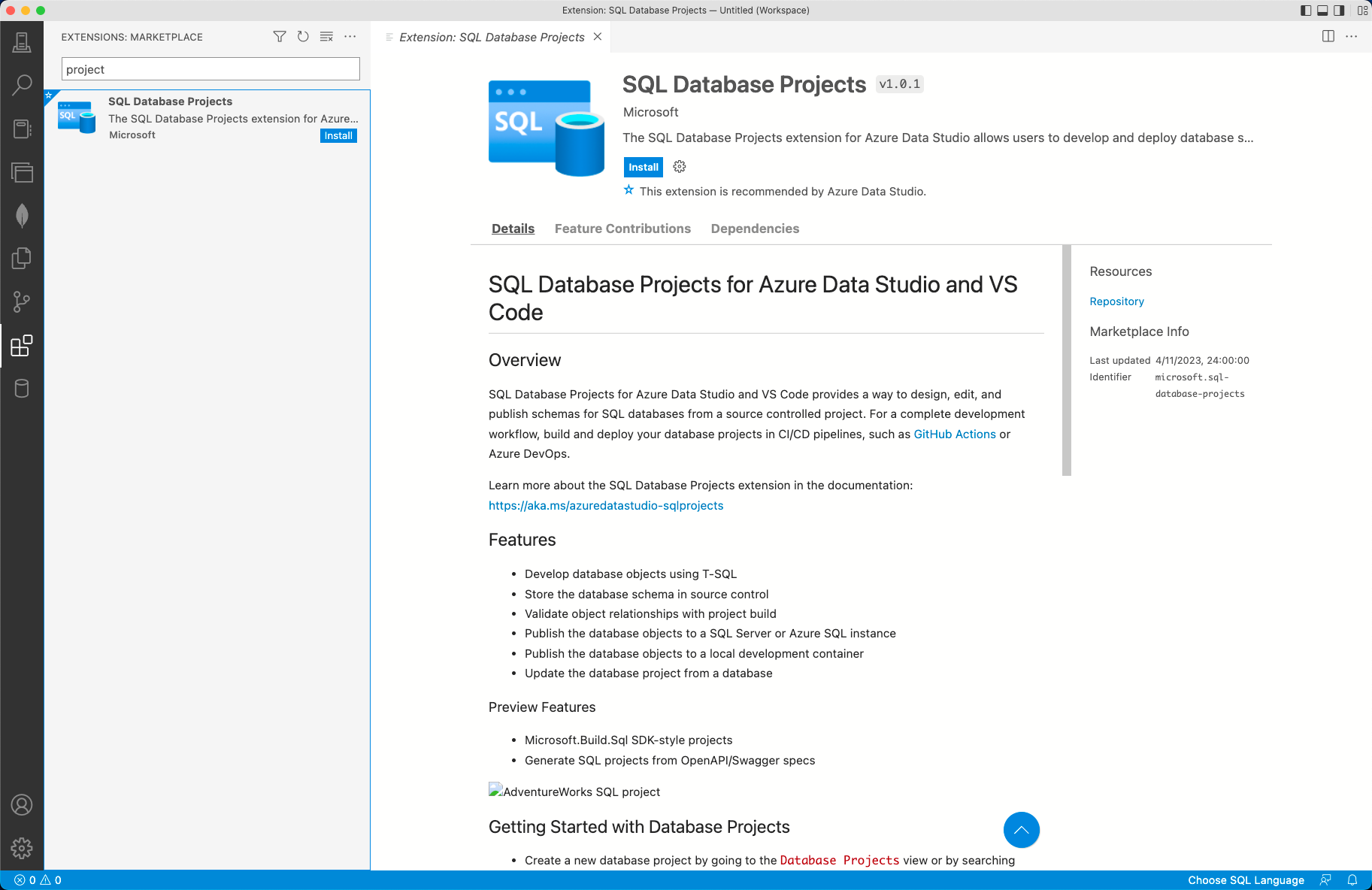 Snímek obrazovky se sadou Azure Data Studio a rozšířením Instalace