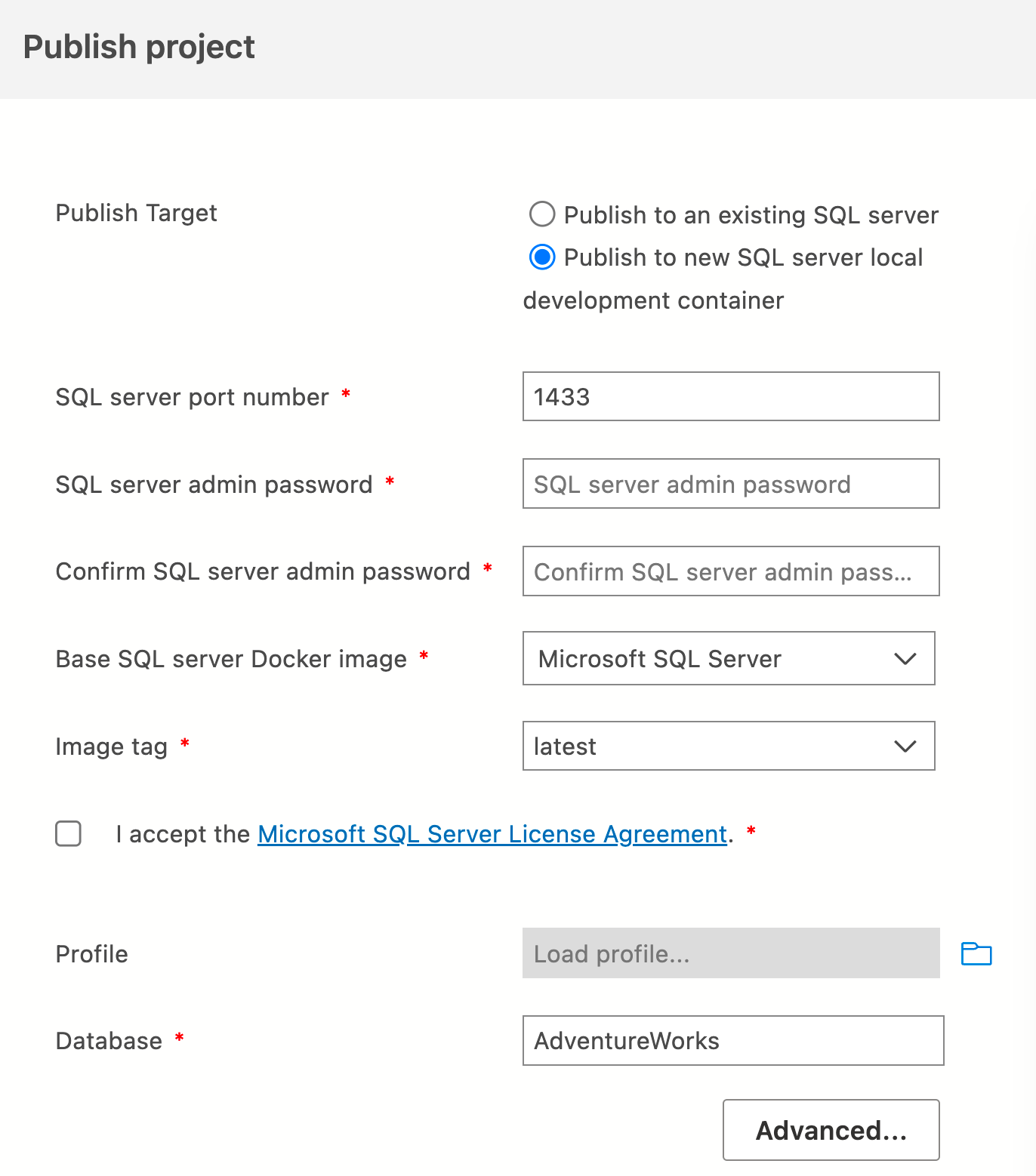 Snímek obrazovky s dialogovým oknem publikovat do kontejneru v Nástroji Azure Data Studio