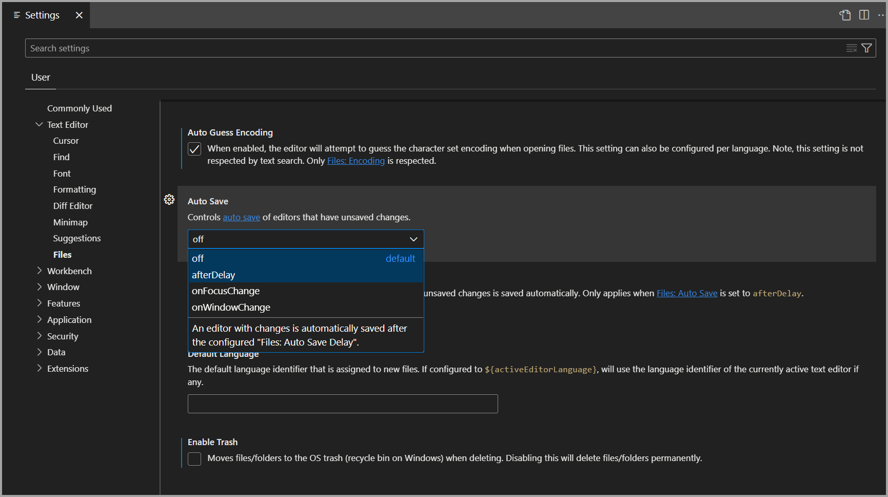 Snímek obrazovky se změněnou nastavením v editoru nastavení v nástroji Azure Data Studio