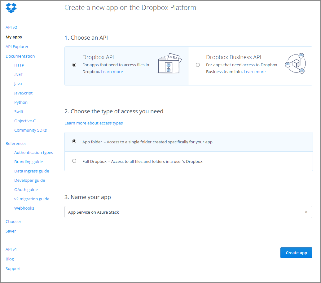 Registrace aplikace Dropbox