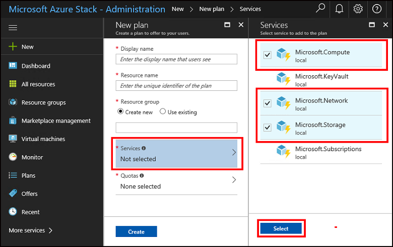 Výběr služeb pro nový plán ve službě Azure Stack Hub