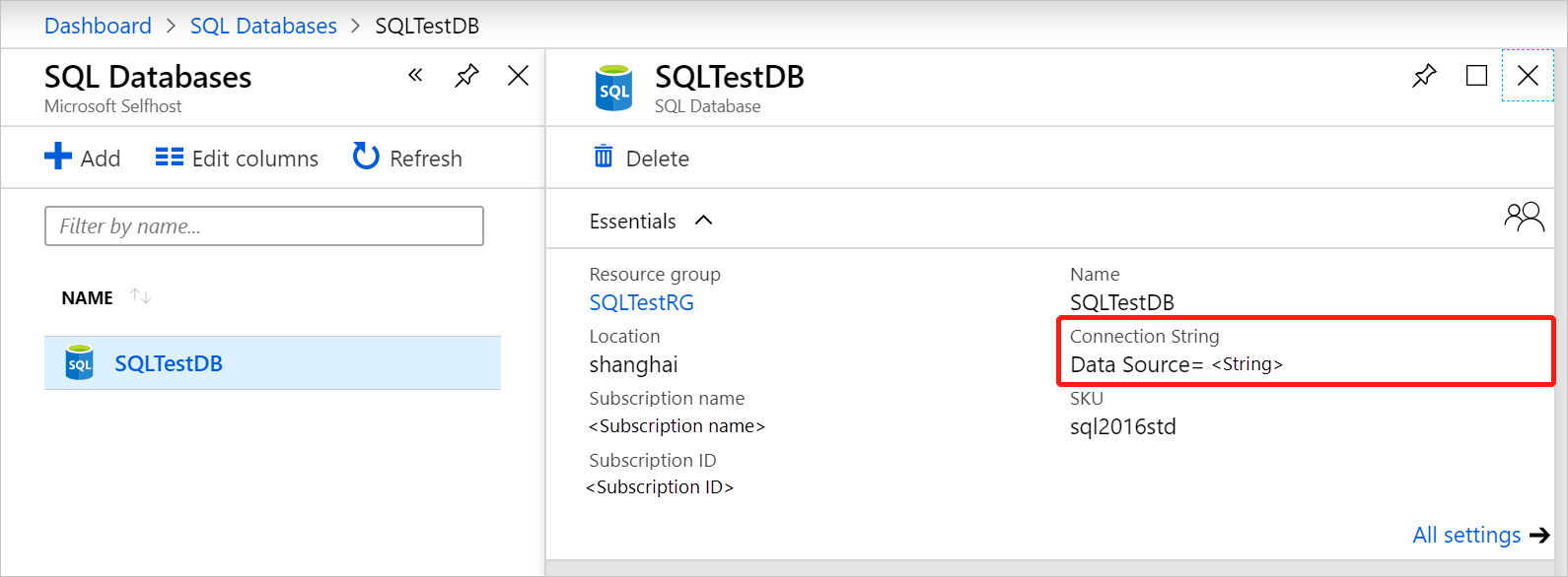 Načtení připojovacího řetězce pro databázi SQL Serveru