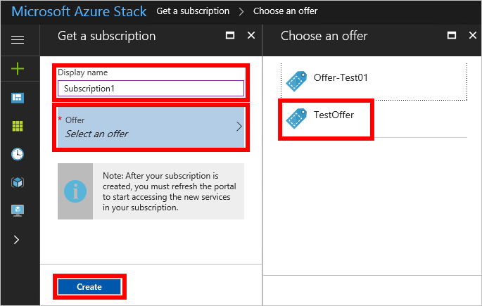 Volba nabídky na uživatelském portálu Azure Stack Hub