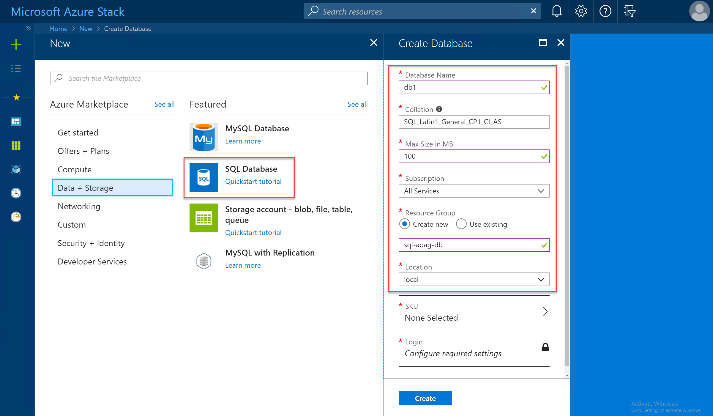 Vytvoření databáze SQL na uživatelském portálu služby Azure Stack Hub