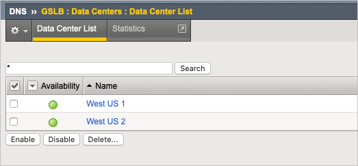 Dialogové okno DNS >> GSLB : Data Centers : Data Center List (Seznam datových center) obsahuje seznam datových center a stavu. U vybraných datových center existují tlačítka Povolit, Zakázat a Odstranit.