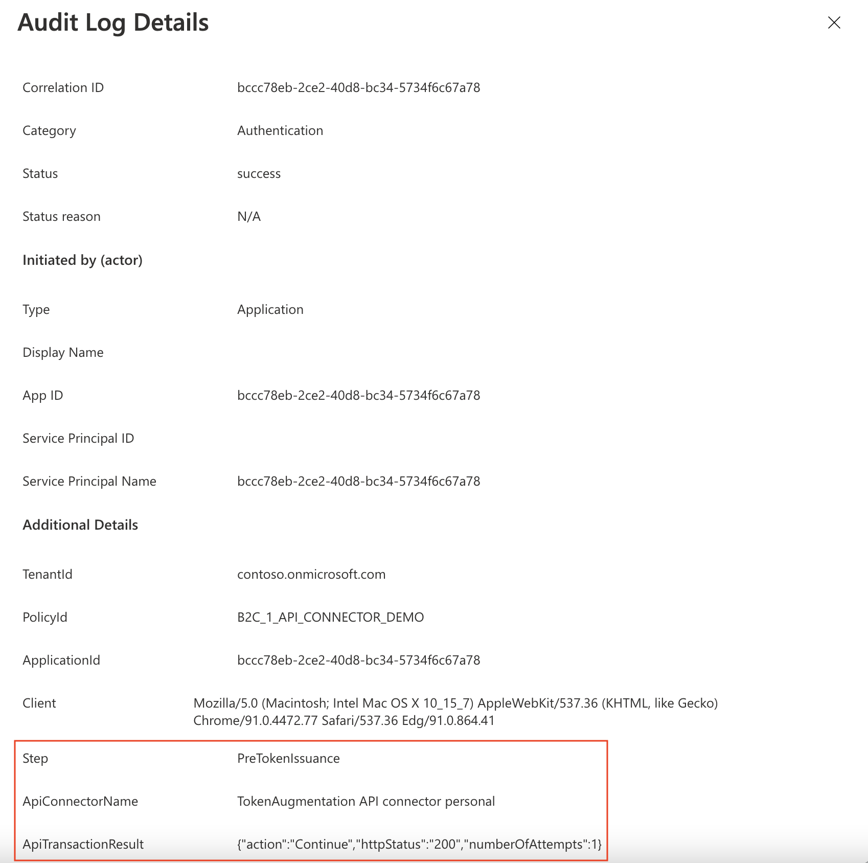 Example of an API connector transaction during user authentication