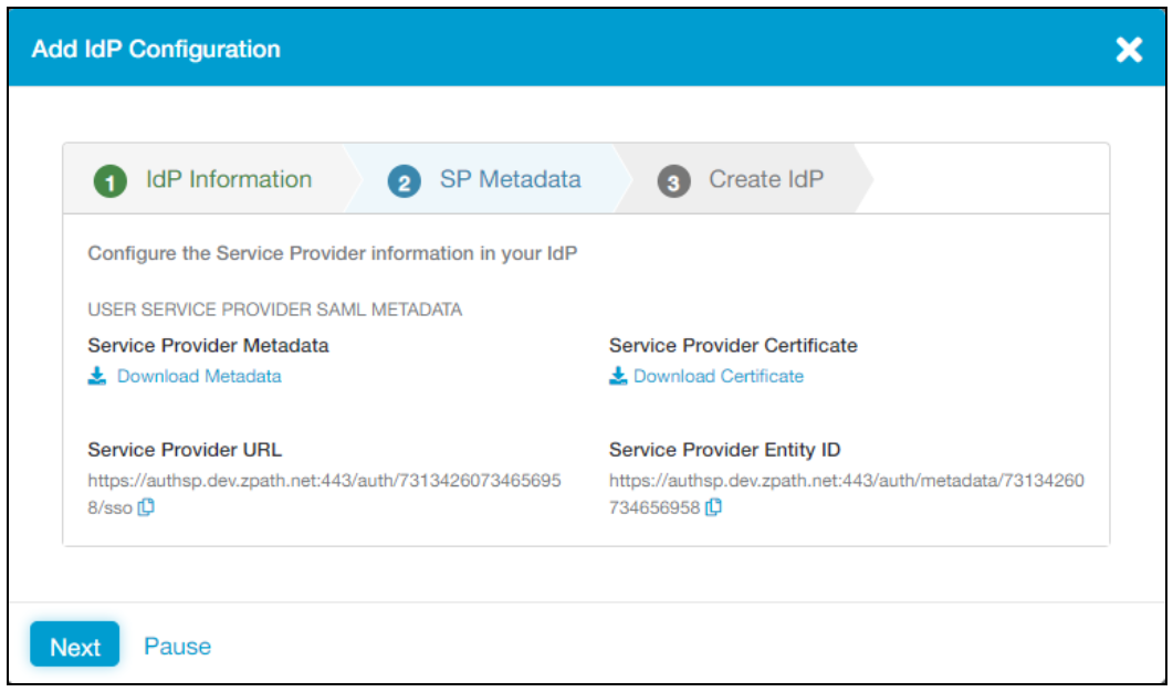 Snímek obrazovky s možností ID entity poskytovatele služeb na kartě Metadata služby