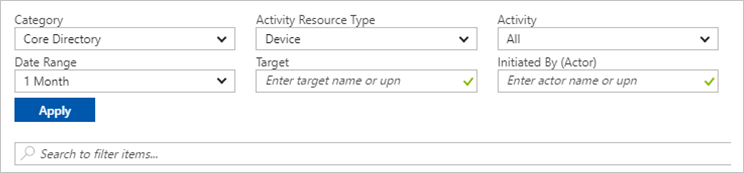 Screenshot that shows audit data filtering controls.