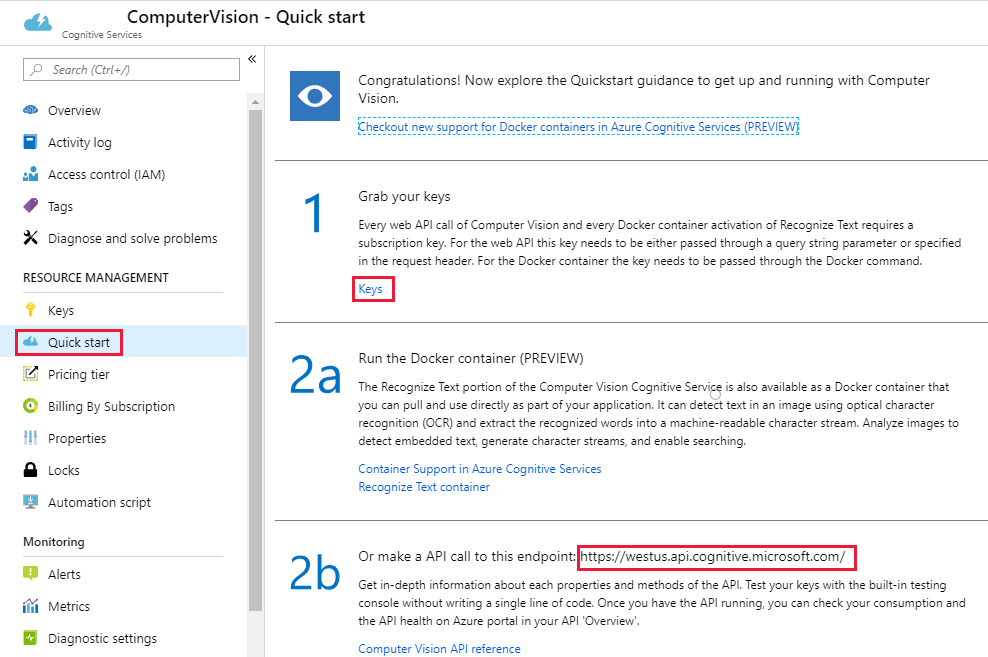 Služba Azure AI Vision na webu Azure Portal s vybranou nabídkou Rychlý start Odkaz na klíče je popsaný stejně jako adresa URL koncového bodu rozhraní API.