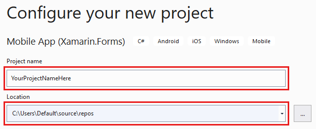 Snímek obrazovky, který ukazuje, jak nakonfigurovat nový projekt v sadě Visual Studio