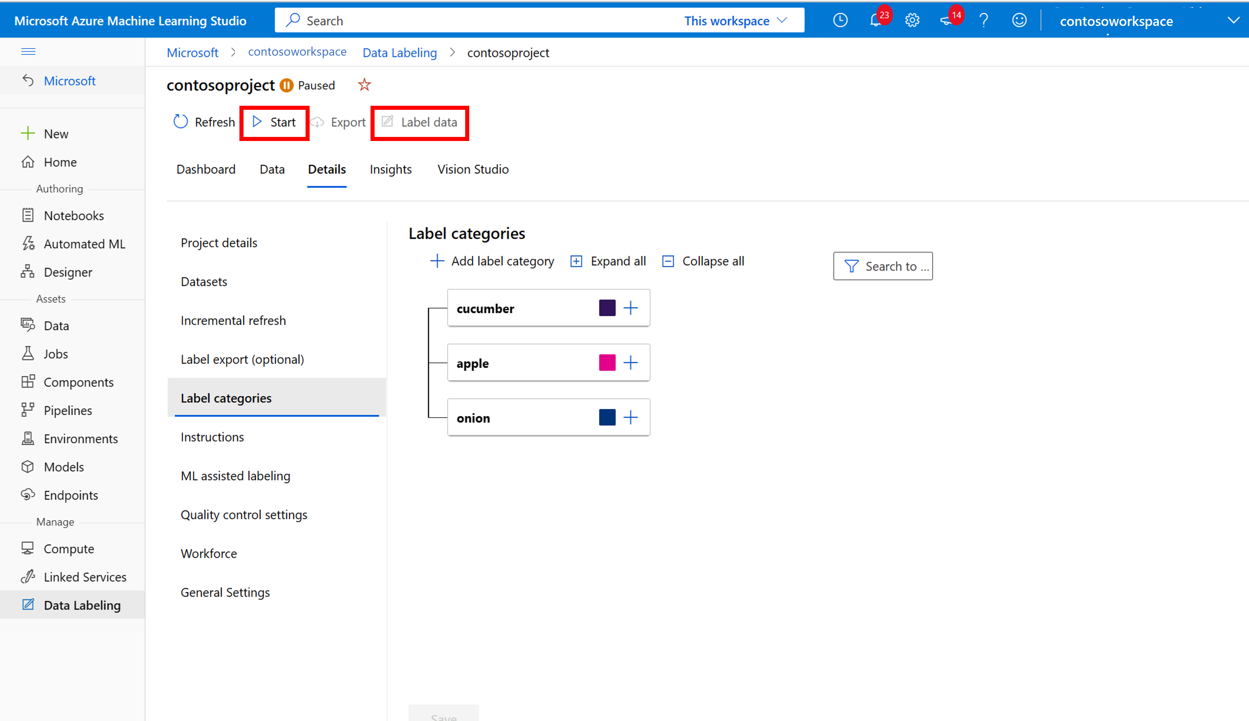 Snímek obrazovky s tlačítkem Start labeling data