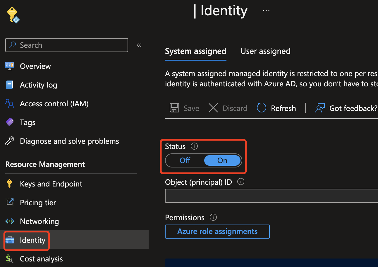 Snímek obrazovky webu Azure Portal s povolením spravované identity