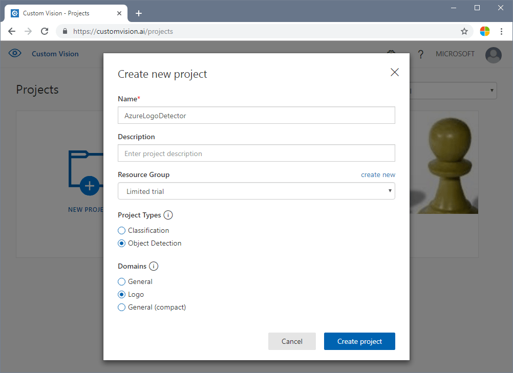 Okno nového projektu na webu Custom Vision v prohlížeči Chrome