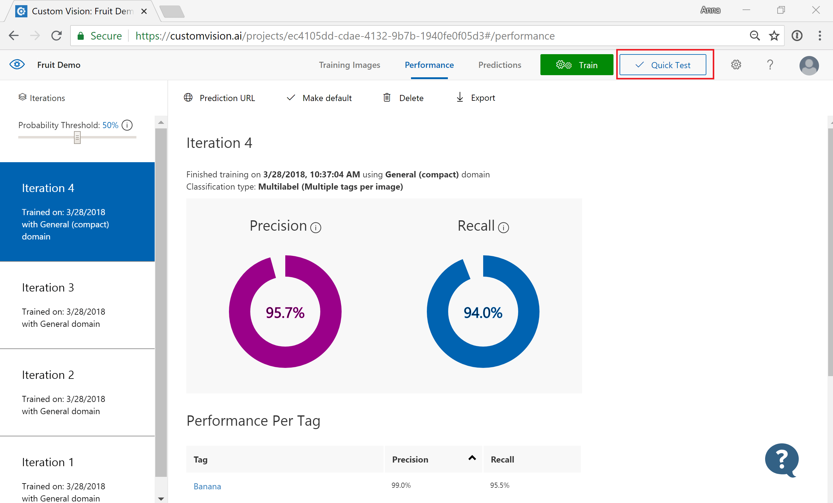 Tlačítko Rychlý test se zobrazí v pravém horním rohu okna.