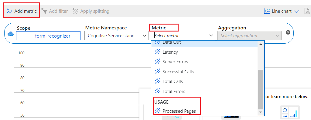 Snímek obrazovky, který ukazuje, jak přidat nové metriky na webu Azure Portal