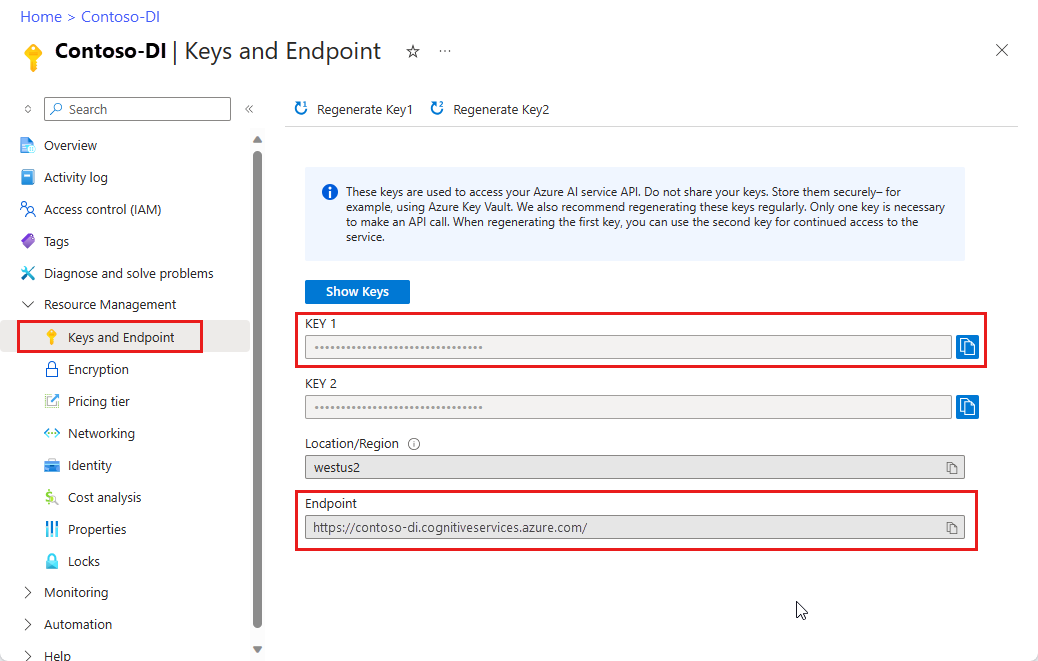 Snímek obrazovky s klíči a umístěním koncového bodu na webu Azure Portal