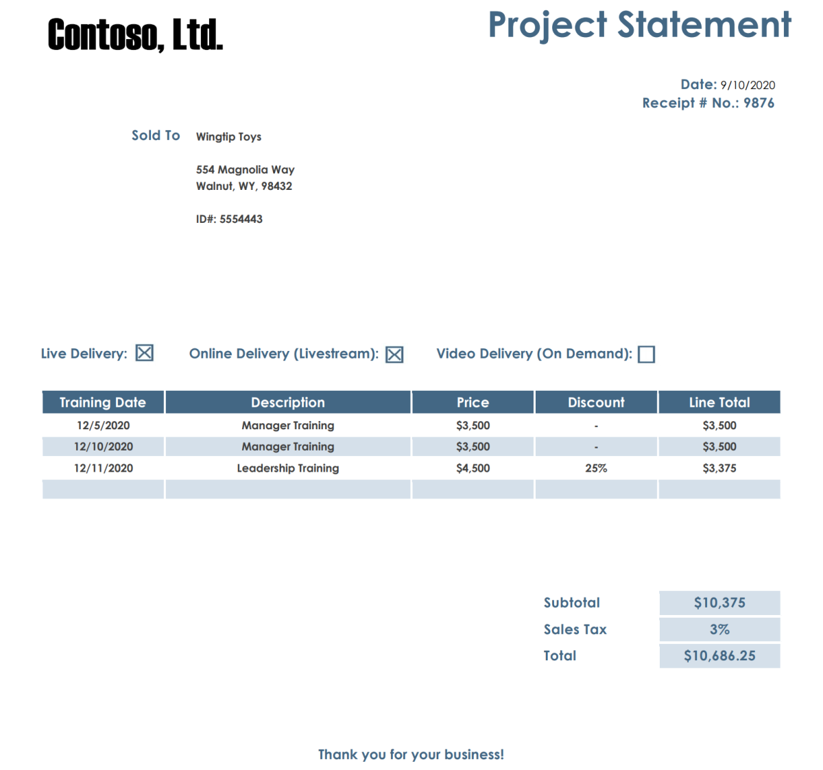 Dokument s příkazem projektu Contoso s tabulkou