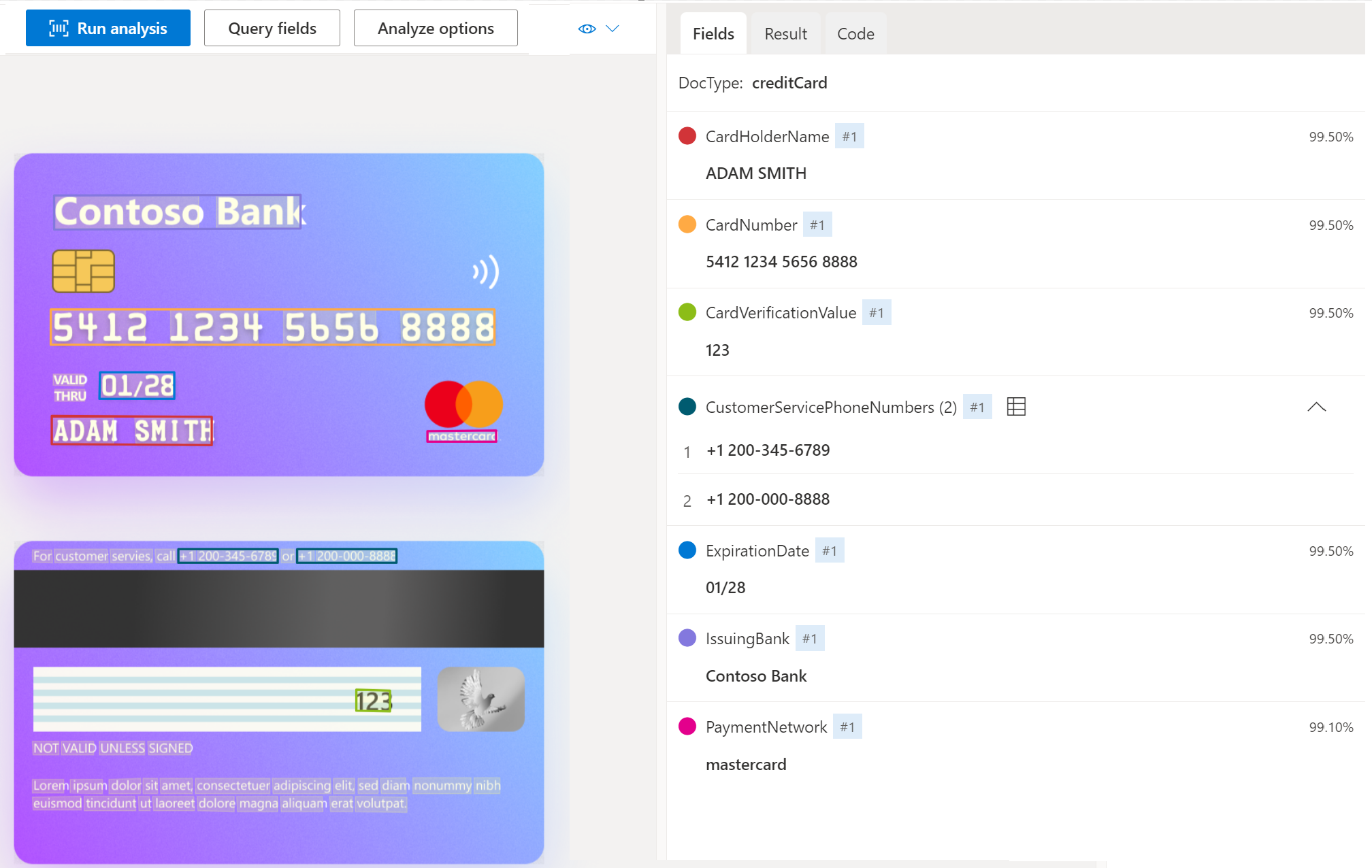 Snímek obrazovky s analýzou modelu obrázku platební karty pomocí nástroje Document Intelligence Studio