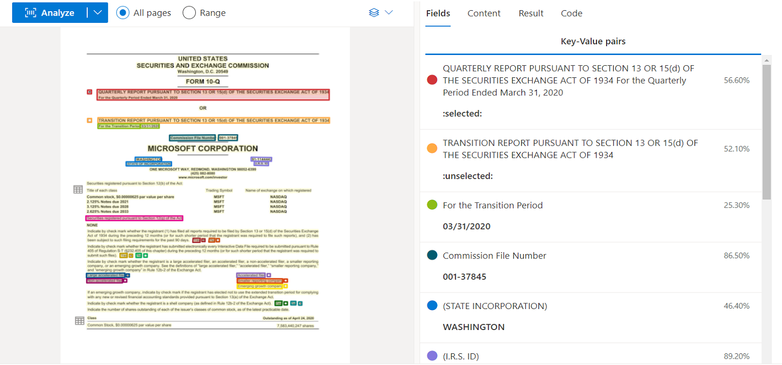 Snímek obrazovky s obecnou analýzou modelu dokumentu pomocí nástroje Document Intelligence Studio