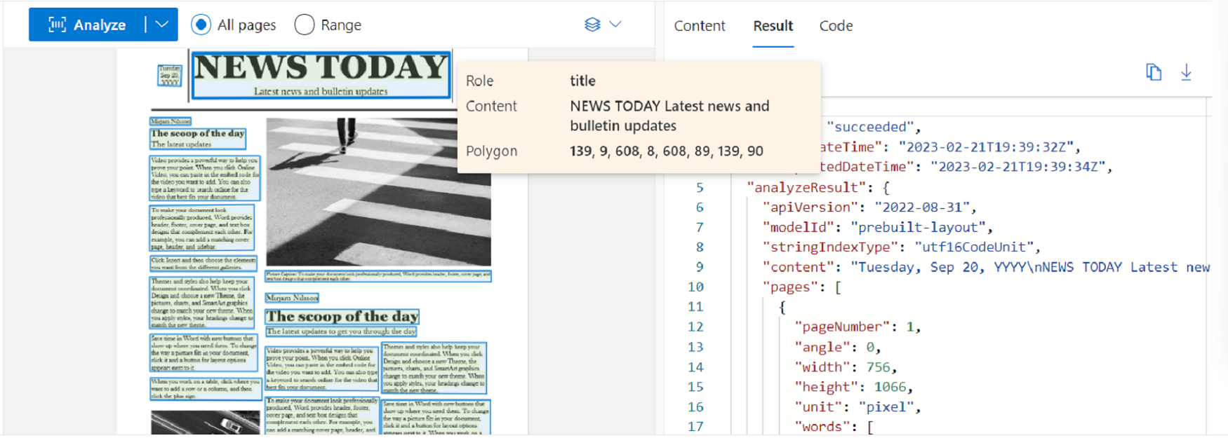 Snímek obrazovky s analýzou modelu rozložení pomocí nástroje Document Intelligence Studio