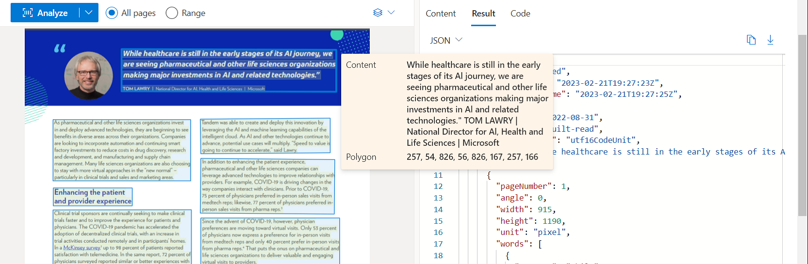 Snímek obrazovky se čtením analýzy modelu pomocí nástroje Document Intelligence Studio